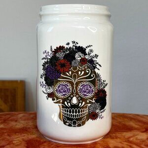 Ivory Gold Sugar Skeleton Vase Canister With Multi-Color Floral